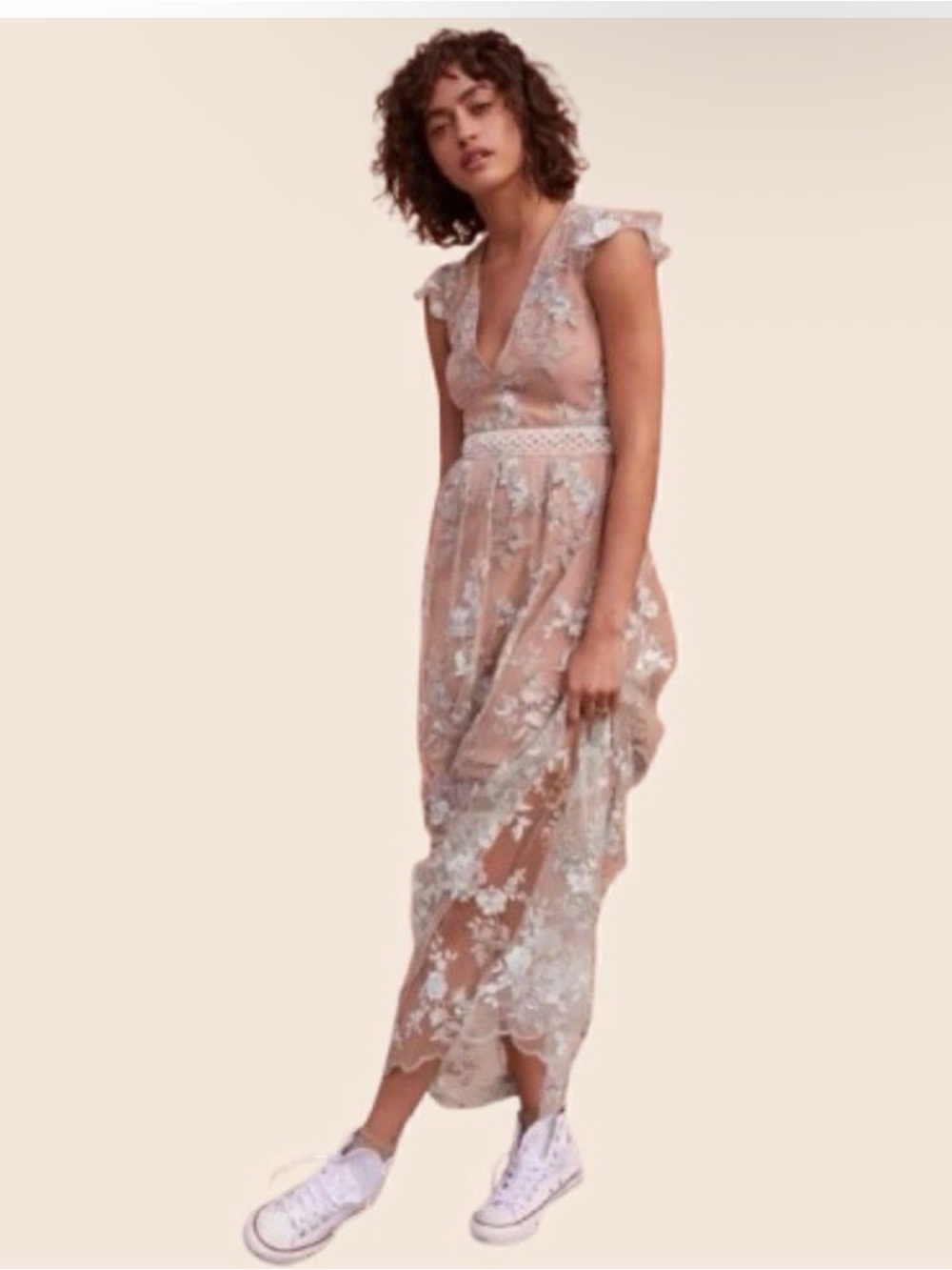 WAYF Oakfield Sky Blue, Gray, & Tan Embroidered Lace Maxi Dress Size Medium